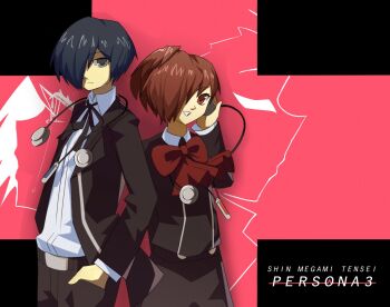 1boy 1girl black_jacket black_pants black_skirt blue_hair bow bowtie brown_eyes brown_hair chou_shittou_caduceus closed_mouth collared_shirt copyright_name derivative_work digital_media_player frown gekkoukan_high_school_uniform grey_eyes hair_over_one_eye hand_in_pocket headphones headphones_around_neck jacket long_sleeves looking_at_viewer open_mouth pants persona persona_3 persona_3_portable pink_background red_bow red_bowtie sasibowol school_uniform shiomi_kotone shirt short_hair simple_background skirt smile standing white_shirt yuuki_makoto_(persona_3)