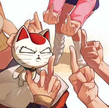 Rule 34 | 1boy, 3girls, absurdres, anger vein, angry, ayase momo, ayase seiko, back brace, bell, blue jacket, blue sky, breasts, cat, dandadan, double middle finger, furrowed brow, highres, jacket, loose socks, medium breasts, middle finger, multiple girls, neck bell, pillow, pink sweater, pleated skirt, ribbed sweater, school uniform, shirt, skirt, sky, socks, sweater, turbo granny (dandadan), white shirt, white socks, yuqi non