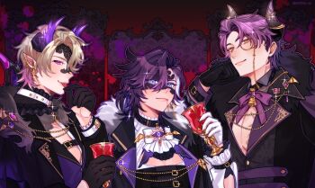 absurdres banzoin_hakka bell black_gloves blood blood_from_mouth blue_eyes chain collar cup demon_boy earrings eye_mask first_stage_production gloves highres hiimtae_sb holding holding_cup holostars holostars_english horns indie_virtual_youtuber invain_(vtuber) jewelry light_smile long_sleeves mask monocle multicolored_hair pink_eyes pointy_ears sparkle tongue tongue_out virtual_youtuber white_gloves yellow_eyes zander_netherbrand