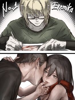 1girl 2boys arm_around_neck armin_arlert black_bra black_hair black_jacket black_shirt blonde_hair bra breasts cleavage commentary couple drawing_(action) english_commentary eren_yeager glasses green_shirt grey_eyes hair_between_eyes hand_on_another's_chin hetero highres jacket looking_at_another matcha_202 medium_breasts mikasa_ackerman multiple_boys official_alternate_costume red_scarf scarf shingeki_no_kyojin ship_name shirt shirt_under_shirt short_hair underwear updo