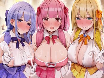 3girls :d aqua_eyes areola_slip blonde_hair blue_dress blue_eyes blue_hair blue_ribbon blurry blurry_background blush breasts champagne_flute cleavage cup dress drinking_glass grin hair_between_eyes hair_ribbon highres hot large_breasts long_hair looking_at_viewer multiple_girls no_bra open_mouth orange_ribbon orange_skirt original parted_lips pink_dress pink_eyes pink_hair pink_ribbon pleated_skirt ribbon rouka_(akatyann) see-through_clothes see-through_shirt shirt sidelocks skirt smile steam sweat wet wet_clothes white_skirt