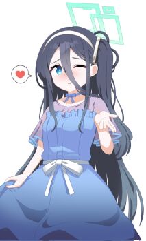 1girl alternate_costume aqua_halo aris_(blue_archive) black_hair blowing_kiss blue_archive blue_bow blue_choker blue_dress blue_eyes blush bow bow_choker bright_pupils choker corrupted_twitter_file double-parted_bangs dress frilled_dress frills furrowed_brow hair_between_eyes hairband halo hand_up heart highres long_bangs long_hair long_hair_between_eyes looking_at_viewer nose_blush one_eye_closed one_side_up parted_lips rectangular_halo ringed_eyes second-party_source short_sleeves sidelocks simple_background skirt_hold solo speech_bubble spoken_heart sprout_(haji_s) white_background white_bow white_hairband