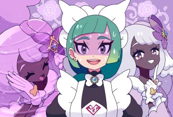 Rule 34 | 2girls, apron, ascot, black romper, blunt bangs, bow, bowtie, closed eyes, commentary request, dark-skinned female, dark skin, dress, fascinator, flower, frilled ascot, frills, glove bow, gloves, green hair, grey eyes, hair ornament, highres, jacinthe (pokemon), juliet sleeves, lebanne (pokemon), long hair, long sleeves, maid, maid apron, maid headdress, mega stone, multiple girls, nervous sweating, nintendo, open mouth, own hands clasped, own hands together, pokemon, pokemon legends: z-a, puffy sleeves, purple dress, purple eyes, purple hair, romper, smile, sweat, teeth, tsurime, very dark skin, white bow, white bowtie, white gloves, yoshishi (yosisitoho)