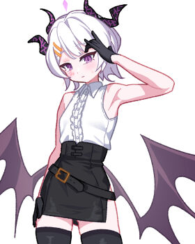 1girl absurdres armpits black_skirt blue_archive blush breasts commentary demon_girl demon_horns demon_wings gluteal_fold highres hina_(blue_archive) horns looking_at_viewer low_wings purple_eyes s9uirrel short_hair simple_background skirt small_breasts solo standing symbol-only_commentary white_background white_hair wings