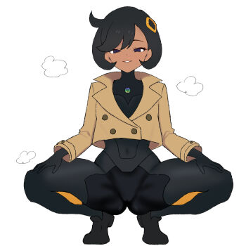 1girl black_bodysuit black_hair bodysuit bodysuit_under_clothes brown_jacket covered_navel cropped_jacket dark-skinned_female dark_skin emma_(pokemon) full_body hair_ornament highres jacket looking_at_viewer naughty_face nintendo peace_peace009 pokemon pokemon_legends:_z-a purple_eyes short_hair simple_background skin_tight smile squatting