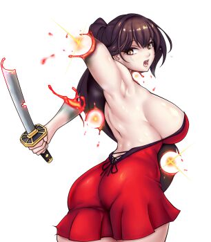 1girl amputee arm_up armless_amputee armpits ass azur_lane bare_legs bare_shoulders breasts broken broken_sword broken_weapon brown_hair colored_skin cowboy_shot detached_arm dissolving double-parted_bangs dress eyeliner from_behind grey_skin half_updo high_ponytail highres holding holding_sword holding_weapon large_variant_set long_hair looking_back median_furrow multicolored_skin ningyoushi open_mouth partial_transformation petrification ponytail raised_eyebrows red_dress red_eyeliner shiny_skin sideboob sideways_glance simple_background solo sweat sword teeth tongue transformation turning_head twisted_torso upper_teeth_only variant_set very_long_hair weapon white_background yellow_eyes yellow_light zuikaku_(azur_lane)