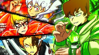 4boys alien_x_(ben_10) armor bandaged_hand bandages baryon_mode ben_10 ben_10:_omniverse ben_tennyson black_eyeliner black_hakama black_sclera bleach bleach:_sennen_kessen-hen blonde_hair blurry blurry_background boruto:_naruto_next_generations brown_hair capelet clenched_hand closed_mouth collared_shirt colored_sclera commentary copyright_request crossover curly_eyebrows depth_of_field devil_fruit_power english_commentary eyeliner facial_mark facial_scar facial_tattoo gear_fifth glowing glowing_clothes glowing_eyes glowing_tail green_aura green_eyes green_hoodie green_outline green_shirt hakama highres hollowfication hologram hood hood_down hoodie horn_of_salvation horns japanese_clothes long_sleeves looking_to_the_side makeup male_focus monkey_d._luffy multiple_boys multiple_crossover multiple_tails naruto_(classic) naruto_(series) nervous omnitrix one_piece orange_eyes orange_hair outline paint_splatter parted_lips red_capelet red_eyes scar scar_on_cheek scar_on_face shihakusho shinigami shirt short_hair shoulder_armor single_horn sleeves_rolled_up slit_pupils smile splatter sword tail tattoo torn_clothes torn_hakama true_zangetsu_(shikai) turtleneck turtleneck_shirt tylearn v-shaped_eyebrows watch weapon white_hair white_mouth white_shirt white_trim zanpakutou zipper_pull_tab