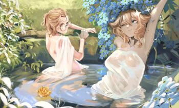 2girls blonde_hair blue_eyes blue_flower breasts brown_eyes brown_hair clio_aite collarbone commentary flower flower_on_liquid glasses hair_between_eyes highres kaneko_lumi large_breasts multiple_girls naked_towel phase_connect pupi_(rain_prophet) round_eyewear scar scar_across_eye scar_on_face towel virtual_youtuber water yellow_flower