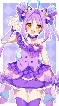 Rule 34 | 1girl, absurdres, ahoge, aqua hair, artist name, blue hair, bow, brooch, checkered background, choker, collarbone, commentary request, cure kyunkyun, dress, gloves, hair ornament, half gloves, headset, heart, heart brooch, highres, idol heart incom, jewelry, kimi to idol precure, long hair, looking at viewer, magical girl, multicolored hair, myarikuru, off-shoulder dress, off shoulder, open mouth, precure, purple bow, purple choker, purple dress, purple gloves, purple hair, purple thighhighs, shigure kokoro, solo, streaked hair, thighhighs, twintails, two side up, yellow eyes, zettai ryouiki