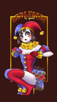 bell boots breasts cleavage corset dress eljesala glitch_productions gloves hat high_heel_boots high_heels highres jester_cap lips pomni_(the_amazing_digital_circus) short_dress short_hair the_amazing_digital_circus thigh_boots thighhighs