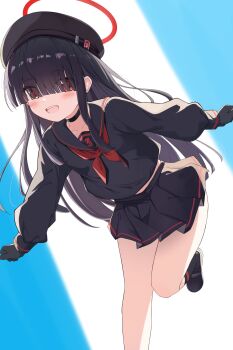 1girl absurdres beret black_choker black_gloves black_hair black_hat black_serafuku black_shoes black_socks blue_archive blush choker gloves hair_over_eyes halo hashtag-only_commentary hat highres justice_task_force_member_(blue_archive) kneehighs leg_up long_hair long_sleeves neckerchief open_mouth red_eyes red_halo red_neckerchief sailor_collar school_uniform serafuku shirokuma_(zeroillya) shoes skirt socks standing standing_on_one_leg teeth upper_teeth_only