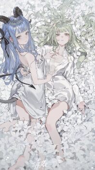 Rule 34 | 2girls, absurdres, animal ears, arknights, arm behind another's back, artist name, bang dream!, bang dream! it's mygo!!!!!, barefoot, black nails, blue hair, chinese commentary, commentary request, commission, curled horns, demon girl, demon horns, demon tail, dress, field, flower, flower field, green hair, hair spread out, highres, horns, jewelry, kneeling, lily (flower), long hair, looking at viewer, lying, multiple girls, nail polish, necklace, on back, poppy yuu, rabbit ears, shirt, shirt under shirt, signature, tail, togawa sakiko, togawa sakiko (sarkaz), wakaba mutsumi, wakaba mutsumi (cautus), white dress, white flower, white lily, white shirt, white theme, yellow eyes, yuri