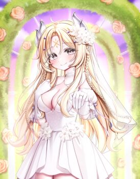 1girl absurdres ahoge blonde_hair blush braid breasts bridal_veil bride cleavage closed_mouth collarbone dasom detached_sleeves dogmatika_ecclesia_the_virtuous dress duel_monster ecclesia_(yu-gi-oh!) facial_mark fake_horns flower forehead_mark gloves grey_eyes hair_between_eyes hair_ornament highres horns jewelry large_breasts long_hair looking_at_viewer pink_flower pink_rose puffy_sleeves ring rose smile solo stigmata twin_braids veil very_long_hair wedding_dress wedding_ring white_gloves white_veil yu-gi-oh!