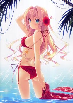 1girl absurdres ass bikini blonde_hair blue_eyes breasts butt_crack est_gealach_arnotts female_focus flower gradient_background hair_flower hair_ornament hibiscus highres long_hair looking_at_viewer looking_back red_bikini scan side-tie_bikini_bottom sideboob solo sparkle suzuhira_hiro swimsuit tsuki_ni_yorisou_otome_no_sahou_2 wading water