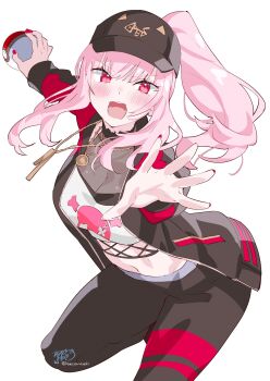 1girl absurdres black_hat black_jacket black_pants blush breasts fingernails hat highres holding holding_poke_ball hololive hololive_english jacket jewelry kamiya_maneki large_breasts long_hair looking_at_viewer mori_calliope mori_calliope_(streetwear) nail_polish navel necklace nintendo open_clothes open_jacket open_mouth pants pink_eyes pink_hair pink_nails poke_ball poke_ball_(basic) pokemon shirt signature simple_background solo stomach teeth thighs twitter_username virtual_youtuber white_background white_shirt