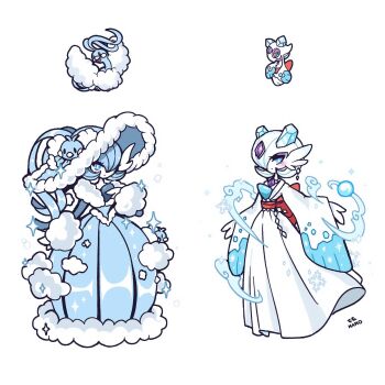 2girls altaria blue_dress blue_eyes blue_hair bob_cut dress froslass fusion gardevoir gen_3_pokemon gen_4_pokemon hat highres japanese_clothes kimono mamobot mega_gardevoir mega_pokemon multiple_girls nintendo pokemon pokemon_(creature) signature simple_background sparkle white_background wide_sleeves
