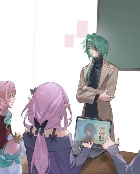 Rule 34 | 2boys, 2girls, absurdres, alternate costume, anaxa (honkai: star rail), animal ears, bare shoulders, black butterfly, brown coat, bug, butterfly, butterfly hair ornament, castorice (honkai: star rail), chalkboard, closed mouth, coat, computer, crossed arms, crown, desk, earrings, gradient hair, green eyes, green hair, hair intakes, hair ornament, highres, honkai: star rail, honkai (series), hyacine (honkai: star rail), insect, jewelry, kiraandfriends, laptop, little ica (honkai: star rail), low ponytail, mini crown, mini wings, multicolored hair, multiple boys, multiple girls, no headwear, one eye covered, open mouth, paper, phainon (honkai: star rail), pointy ears, ponytail, purple hair, school desk, single earring, standing, twintails, white wings, wings