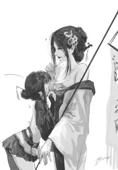 Rule 34 | 2girls, age difference, black hair, chinese clothes, choryu desu, commentary request, cowboy shot, greyscale, hanfu, highres, korean commentary, leaning on person, looking at another, monochrome, multiple girls, onee-loli, path to nowhere, skirt, yingying (path to nowhere), yuri