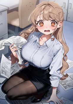 1girl @_@ black_shoes black_skirt blue_shirt breasts brown_hair brown_pantyhose chair collarbone collared_shirt commentary_request highres holding holding_paper indoors kodama&#039;s_elder_sister_(sakura_yuki) large_breasts long_hair long_sleeves looking_at_viewer office_lady open_mouth orange_eyes original pantyhose paper sakura_yuki_(clochette) shirt shoes skirt solo squatting