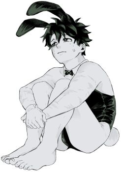 animal_costume bare_hips bare_legs barefoot boku_no_hero_academia bones_(company) bow bulge curly_hair feet freckles highres legs messy_hair midoriya_izuku oez875 rabbit_costume rabbit_ears rabbit_tail scar shounen_jump sitting sweatdrop toes