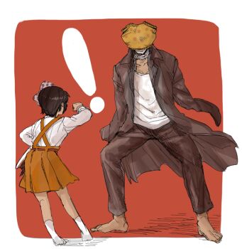 Rule 34 | !, 1boy, 1girl, age difference, amputee, armless amputee, bandaged head, bandages, barefoot, black hair, black jacket, black pants, collared shirt, commentary request, dress, gakuran, jacket, kurumi sawa, midori (shoujo tsubaki), object on head, orange dress, panties, panties on head, pants, polka dot, polka dot panties, polka dot ribbon, red background, ribbon, school uniform, shirt, short hair, shoujo tsubaki, simple background, socks, tank top, tokkuriji muchisute, underwear, white shirt, white socks