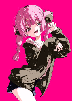 1girl 5oh5s2 absurdres black_cardigan blush braid cardigan claw_pose coral_(pokemon) eyelashes hair_ornament highres jacket long_hair long_sleeves looking_at_viewer nintendo open_cardigan open_clothes open_jacket open_mouth pink_background pink_hair pokemon pokemon_(anime) pokemon_horizons shirt shorts simple_background sleeves_past_wrists solo twin_braids