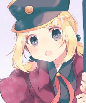 1925_(vocaloid) 1girl aoi_choko_(aoichoco) blonde_hair blue_eyes coat female_focus hair_ornament hairclip hat highres kagamine_rin necktie open_mouth project_diva_(series) short_hair simple_background solo sparkling_eyes vocaloid