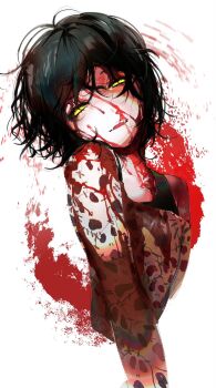 1boy black_hair black_tank_top blood blood_in_hair blood_on_clothes blood_on_face diandian_quan fangs half-closed_eyes highres looking_at_viewer male_focus mashiro_meme mashiro_meme_(2nd_costume) nijisanji off-shoulder_shirt off_shoulder official_alternate_costume shirt short_hair simple_background solo tank_top virtual_youtuber white_background white_shirt yellow_eyes