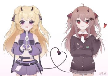 2girls absurdres black_cardigan black_horns black_tank_top blonde_hair bow bowtie broken_heart broken_heart_hair_ornament brown_hair cardigan cerber_(vtuber) closed_mouth commentary cowboy_shot demon_horns demon_tail detached_sleeves dress_shirt english_commentary evil_neuro-sama finger_heart four-finger_heart_hands grey_skirt hair_between_eyes hair_ribbon heart heart_hands highres horns indie_virtual_youtuber leafthreet long_hair long_sleeves looking_at_viewer miniskirt multiple_girls neuro-sama open_mouth pleated_skirt purple_eyes purple_shirt purple_skirt purple_sleeves red_bow red_bowtie red_eyes red_ribbon red_tail ribbon shirt simple_background skirt smile standing straight-on tail tank_top torn_hair_ribbon two_side_up v-neck vedal_ai virtual_youtuber white_background white_shirt
