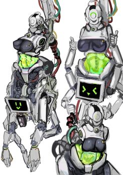 1girl breasts extra_arms h.e.r. highres large_breasts machinery mechanical_spine monitor original quadruple_thumbs_up robot robot_girl screen sfour_s4 simple_background solo thumbs_up transparent_torso white_background wire