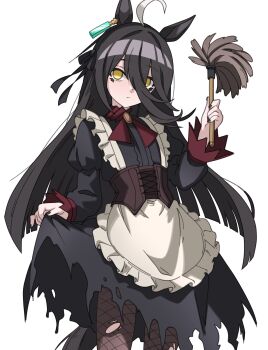 1girl absurdres ahoge animal_ears apron black_dress black_hair black_pantyhose bow brown_corset closed_mouth corset dress duster ear_tag earrings fishnet_pantyhose fishnets frills ghuler hair_between_eyes highres holding holding_duster horse_ears horse_girl horse_tail jewelry long_bangs long_hair long_hair_between_eyes long_sleeves looking_at_viewer maid maid_apron manhattan_cafe_(umamusume) multicolored_hair pantyhose red_bow simple_background single_earring solo tail torn_clothes torn_pantyhose umamusume waist_apron white_apron white_background white_hair yellow_eyes