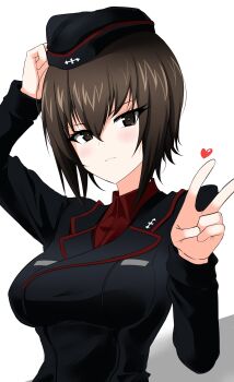 Rule 34 | 1girl, absurdres, aikir (jml5160), black hat, black jacket, blush, breast pocket, breasts, brown eyes, brown hair, clenched hand, collared shirt, cross, dress shirt, garrison cap, girls und panzer, hair between eyes, hand in own hair, hand on own head, hat, heart, highres, jacket, kuromorimine military uniform, large breasts, long sleeves, looking at viewer, military, military hat, military uniform, nishizumi maho, outstretched arm, pocket, red shirt, shirt, short hair, simple background, smile, solo, standing, teeth, v, white background