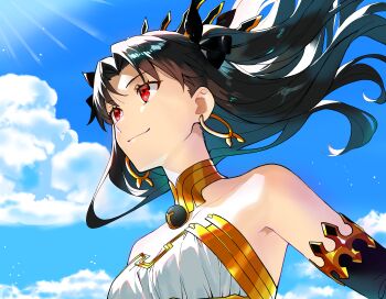 1girl absurdres arm_warmers asymmetrical_sleeves bikini black_hair blue_sky breasts cleavage closed_mouth cloud detached_sleeves earrings elbow_gloves fate/grand_order fate_(series) gloves hair_ribbon highres hoop_earrings ishtar_(fate) jewelry long_hair mismatched_bikini neck_ring parted_bangs red_eyes ribbon single_arm_warmer single_detached_sleeve single_elbow_glove sky smile solo sunlight superwater123 swimsuit tiara two_side_up uneven_sleeves