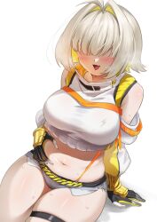 Rule 34 | 1girl, :d, ?, ahoge, belly, belly grab, black gloves, blonde hair, blush, breasts, clothing cutout, crop top, cropped sweater, elegg (nikke), exposed pocket, gloves, goddess of victory: nikke, grey shorts, hair intakes, hair over eyes, large breasts, long bangs, long sleeves, looking at viewer, micro shorts, multicolored clothes, multicolored gloves, multicolored hair, navel, open mouth, sha (shareddelicious), short hair, shorts, shoulder cutout, sitting, skindentation, smile, solo, spoken question mark, suspender shorts, suspenders, sweat, thigh strap, thighs, two-tone hair, yellow gloves