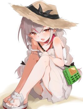 1girl :d bare_shoulders belt_collar black_bow black_ribbon black_straps blunt_bangs blush bow braid bug_cage collar collarbone dress fang full_body grey_hair hair_ribbon half-closed_eye hands_on_own_knees hat hat_bow highres knees_to_chest knees_up lace_trim long_hair looking_at_viewer low_twin_braids makaino_ririmu makaino_ririmu_(3rd_costume) multicolored_hair nemunemu_108 nijisanji no_socks open_mouth platform_sandals pointy_ears red_collar red_eyes red_straps red_streaks ribbon sandals shoulder_strap sidelocks sitting skin_fang sleeveless sleeveless_dress smile solo strap_slip straw_hat streaked_hair sundress twin_braids two-tone_hair virtual_youtuber white_background white_dress