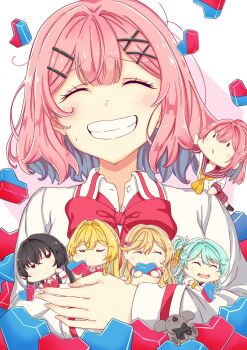 amaori_haruna amaori_renako aqua_hair ashigaya_high_school_uniform black_hair blonde_hair brown_hair chibi grin hair_ornament heart highres holding holding_mini_person koala koto_satsuki koyanagi_kaho mini_person mini_person_on_shoulder mono9ron ouzuka_mai pink_hair school_uniform sena_ajisai smile watashi_ga_koibito_ni_nareru_wake_naijan_murimuri! x_hair_ornament