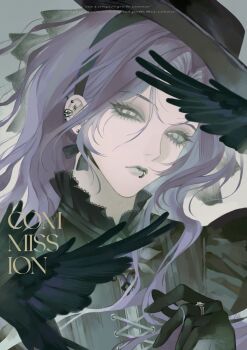 Rule 34 | 1girl, absurdres, black gloves, brown hat, closed mouth, commission, ear piercing, eyelashes, eyeshadow, face piercing, gloves, hair intakes, hat, highres, jewelry, lip piercing, lips, makeup, mihuashi commission, original, oxi206, parted bangs, piercing, purple hair, ring, sidelocks, solo, upper body, watermark