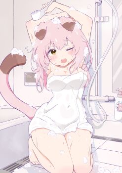 1girl absurdres animal_ears arknights arms_up breasts cat_ears cat_girl cat_tail commentary_request covered_navel fuu_hoshimi goldenglow_(arknights) highres indoors kneeling large_breasts long_hair messy_hair naked_towel one_eye_closed open_mouth solo tail towel yellow_eyes
