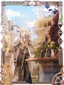 1boy armor barrel belt_buckle black_coat black_gloves black_pants blue_sky bombyxmori_ckr border bottle buckle chest_strap clock clock_tower cloud cloudy_sky coat cup drinking feet_out_of_frame final_fantasy final_fantasy_vii final_fantasy_vii_rebirth final_fantasy_vii_remake gloves grey_hair highres holding holding_cup long_bangs long_coat long_hair male_focus outdoors pants parted_bangs pauldrons sephiroth shoulder_armor sky tower town white_border