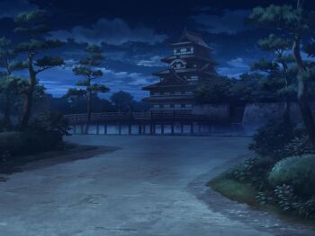 architecture artist_request bridge bush castle cloud dark east_asian_architecture fence game_cg magia_record:_mahou_shoujo_madoka_magica_gaiden mahou_shoujo_madoka_magica night no_humans official_art outdoors path river road scenery shade sky star_(sky) starry_sky tree