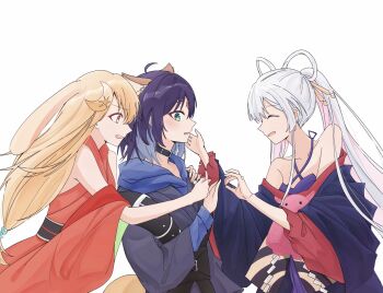 3girls animal_ears black_choker blue_hair blue_kimono blush cho_kaguya-hime! choker colored_inner_hair commentary dress green_eyes hair_rings hashtag-only_commentary highres hug hug_from_behind japanese_clothes kaguya_(cho_kaguya-hime!) kimono long_hair long_sleeves medium_hair mim120809 multicolored_hair multiple_girls off_shoulder open_mouth pink_hair rabbit_ears rabbit_girl red_dress runami_yachiyo sakayori_iroha simple_background white_background white_hair yuri