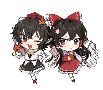 Rule 34 | 2girls, absurdres, ascot, blush, bow, brown eyes, brown hair, chibi, chibi only, closed mouth, commentary request, detached sleeves, frilled bow, frilled hair tubes, frilled skirt, frills, full body, geta, gohei, hair bow, hair ornament, hair tubes, hakurei reimu, hashtag-only commentary, hat, hauchiwa, highres, holding, holding gohei, holding ofuda, leaf hair ornament, long hair, looking at viewer, multiple girls, ofuda, one eye closed, red bow, red eyes, red hat, red skirt, ribbon-trimmed skirt, ribbon-trimmed sleeves, ribbon trim, scarf, shameimaru aya, shirt, simple background, skirt, skirt set, tengu-geta, tokin hat, touhou, uehara suiyo, white background, white shirt, yellow ascot, yellow scarf