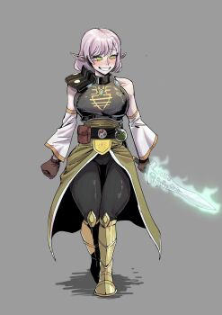 1girl absurdres armor belt blush breastplate breasts cameltoe eldar eldar_(symbol) gloves green_eyes highres hztwo_(zitwo100) large_breasts pauldrons pointy_ears potion pouch short_hair shoulder_armor single_pauldron skirt smile solo sword teeth warhammer_40k weapon white_hair