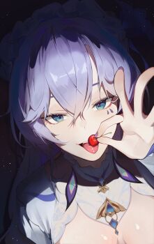 1girl absurdres blue_eyes cantarella_(wuthering_waves) cherry commentary facial_mark fingernails food fruit hair_between_eyes highres holding holding_food holding_fruit kuru9763 long_hair looking_at_viewer mark_under_eye nail_polish portrait purple_hair purple_nails shrug_(clothing) solo tongue tongue_out white_shrug wuthering_waves