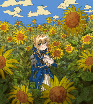 Rule 34 | 1girl, absurdres, ahoge, armor, artoria pendragon (fate), blonde hair, blue bow, blue bowtie, blue dress, blue ribbon, blue sky, blush, bow, bowtie, braid, cloud, cloudy sky, commentary, dhamca, dress, fate (series), field, flower, flower field, green eyes, hair bun, hair ribbon, highres, holding, holding flower, honkai: star rail, honkai (series), long sleeves, outdoors, ribbon, saber (fate), saber (honkai: star rail) (fate), short hair, shoulder armor, sidelocks, sky, smile, solo, sunflower, sunflower field