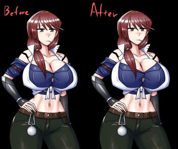 1girl animated animated_gif banamei before_and_after bouncing_breasts breasts brown_hair candy commentary_request crop_top dragon_conqueror food holding holding_candy holding_food holding_lollipop large_breasts lollipop navel rpg_maker solo solo_focus suzurika_(banamei) vambraces