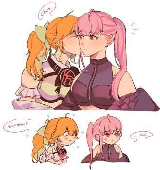 2girls ^_^ ahoge amlichan bare_shoulders blush blush_stickers breasts closed_eyes closed_mouth crop_top earrings english_text eyelashes green_ribbon hair_ribbon heart highres hololive hololive_english jacket jewelry kiss kissing_cheek long_hair midriff mori_calliope multiple_girls off_shoulder orange_hair pink_eyes pink_hair ponytail ribbon short_sleeves simple_background smile speech_bubble spoken_heart takanashi_kiara undercut virtual_youtuber white_background yuri