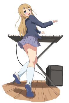 1girl blazer blue_eyes blue_jacket blush commentary from_behind full_body grey_skirt highres instrument jacket k-on! kneehighs kotobuki_tsumugi long_hair long_sleeves looking_at_viewer looking_back miniskirt onabe915 open_mouth pleated_skirt sakuragaoka_high_school_uniform school_uniform shoes simple_background skirt socks solo speaker standing standing_on_one_leg synthesizer thick_eyebrows thighs uwabaki white_background white_socks winter_uniform wooden_floor