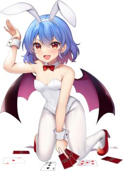 1girl :d ace_(playing_card) ace_of_hearts alternate_costume animal_ear_hairband animal_ears arm_up armpit_crease bat_wings between_fingers blue_hair bow bowtie breasts card cleavage detached_collar fake_animal_ears fang five_of_diamonds full_body game_cg hairband hakurei_frontier_spell_strive heart high_heels holding holding_card kneeling leotard open_mouth pantyhose playboy_bunny playing_card rabbit_ear_hairband rabbit_ears rabbit_pose red_bow red_bowtie red_eyes red_shoes remilia_scarlet ruhika shoes short_hair skin_fang small_breasts smile solo strapless strapless_leotard three_of_clubs touhou transparent_background v-shaped_eyebrows white_hairband white_leotard white_pantyhose wings wrist_cuffs