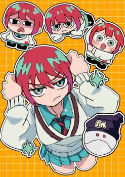 1girl amate_yuzuriha aqua_eyes aqua_shirt blush bored breasts chibi closed_mouth cropped_legs fyrvwyhrdgjlfka gundam gundam_gquuuuuux haro hat highres long_sleeves looking_at_viewer necktie open_mouth red_hair robot school_uniform shirt short_hair skirt surprised sweater